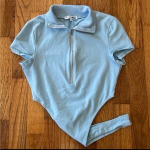 Fashion Nova Light Blue Collared Zip Up Short Sleeve Bodysuit Size Small
